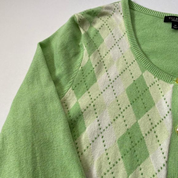 Talbots Cardigan Women M  Lime Green Yellow Argyle Cotton Silk Blend 3/4 Sleeve - Picture 11 of 14